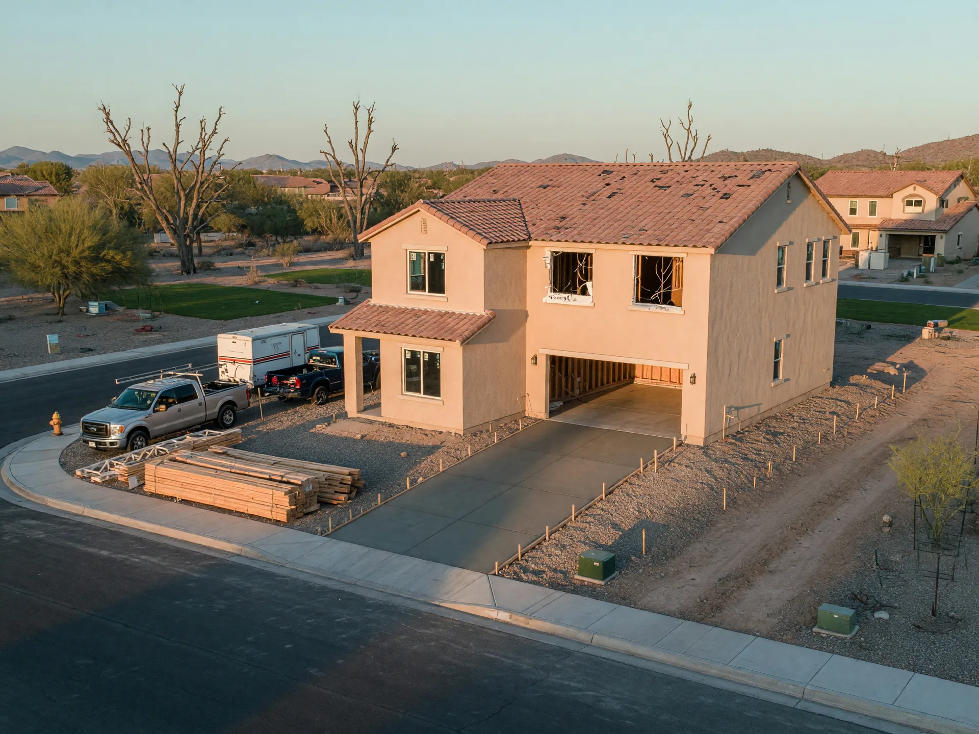 A new two-story home under construction on a finished street in an Arizona development