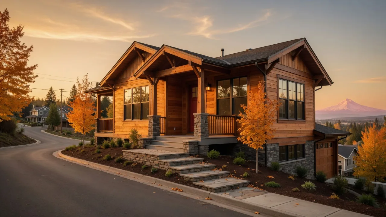 Newly completed one-level ranch home with a covered porch in a Pacific Northwest hillside community at golden hour, autumn maples and Mount Hood in the distance