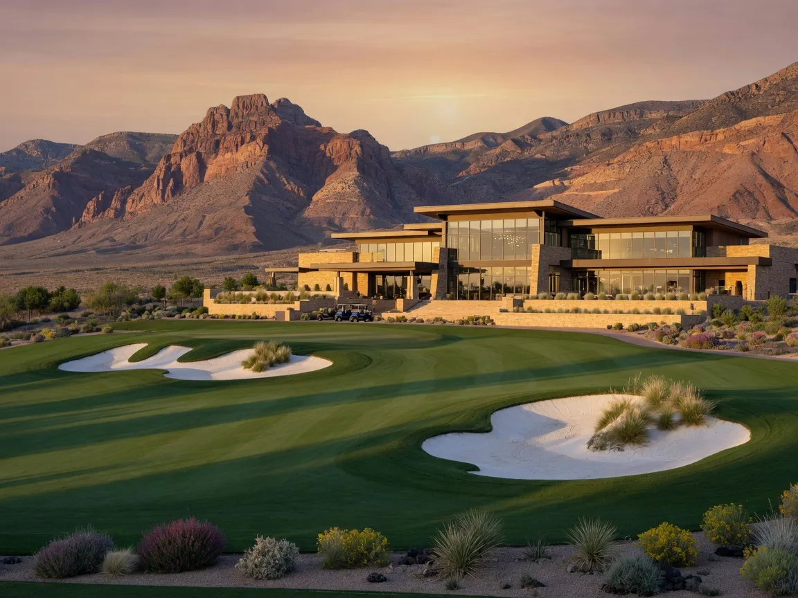The private Tom Fazio-designed golf course at The Summit Club with a modern clubhouse and Red Rock Canyon beyond