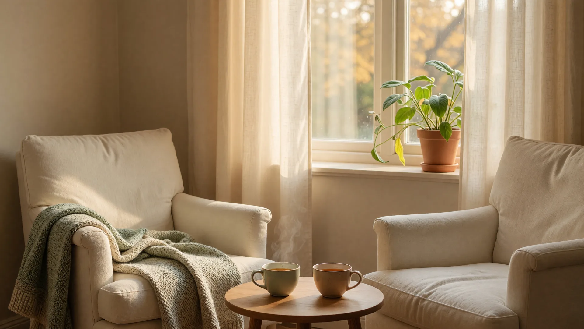 Two warm linen armchairs facing each other beside a tall window with a small table and two ceramic cups in soft afternoon light