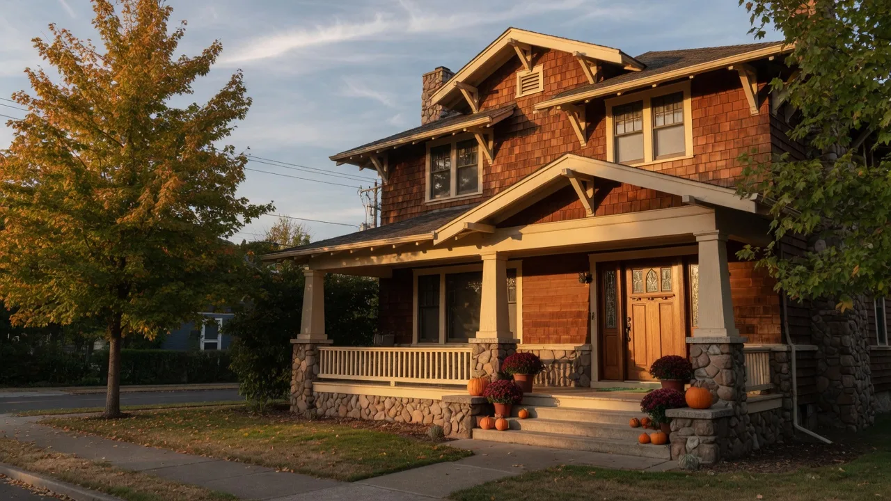 A craftsman home in the Tri-Cities with cedar siding and stone accents at golden hour, just as the leaves begin turning