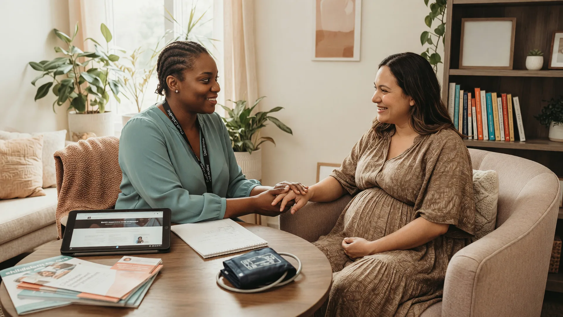 A Black mother's hands gently cradling her pregnant belly in warm golden light