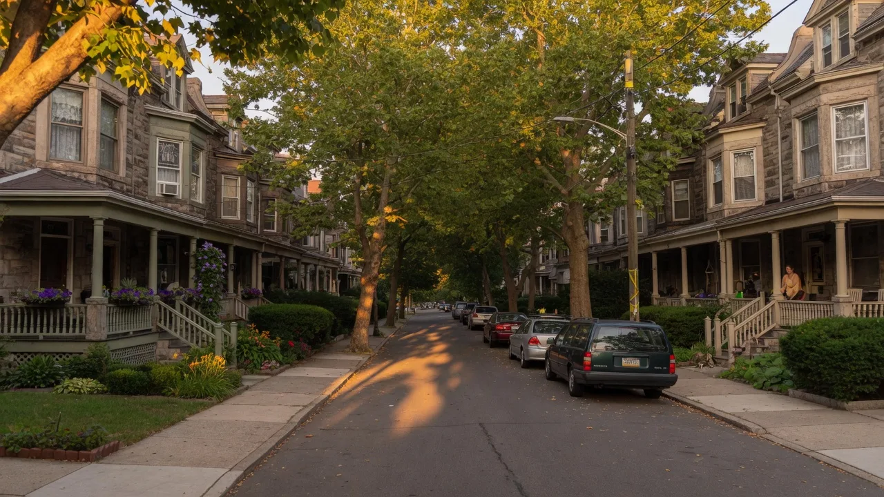 Tree-lined residential street with stone Victorian twin homes in Mt. Airy, Philadelphia