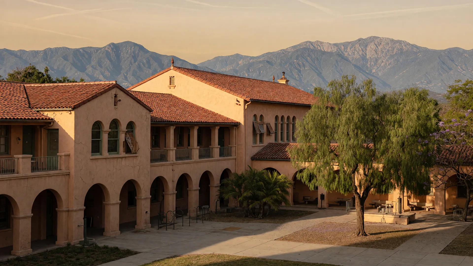 A Spanish-style Pasadena school campus with stucco walls and arched walkways