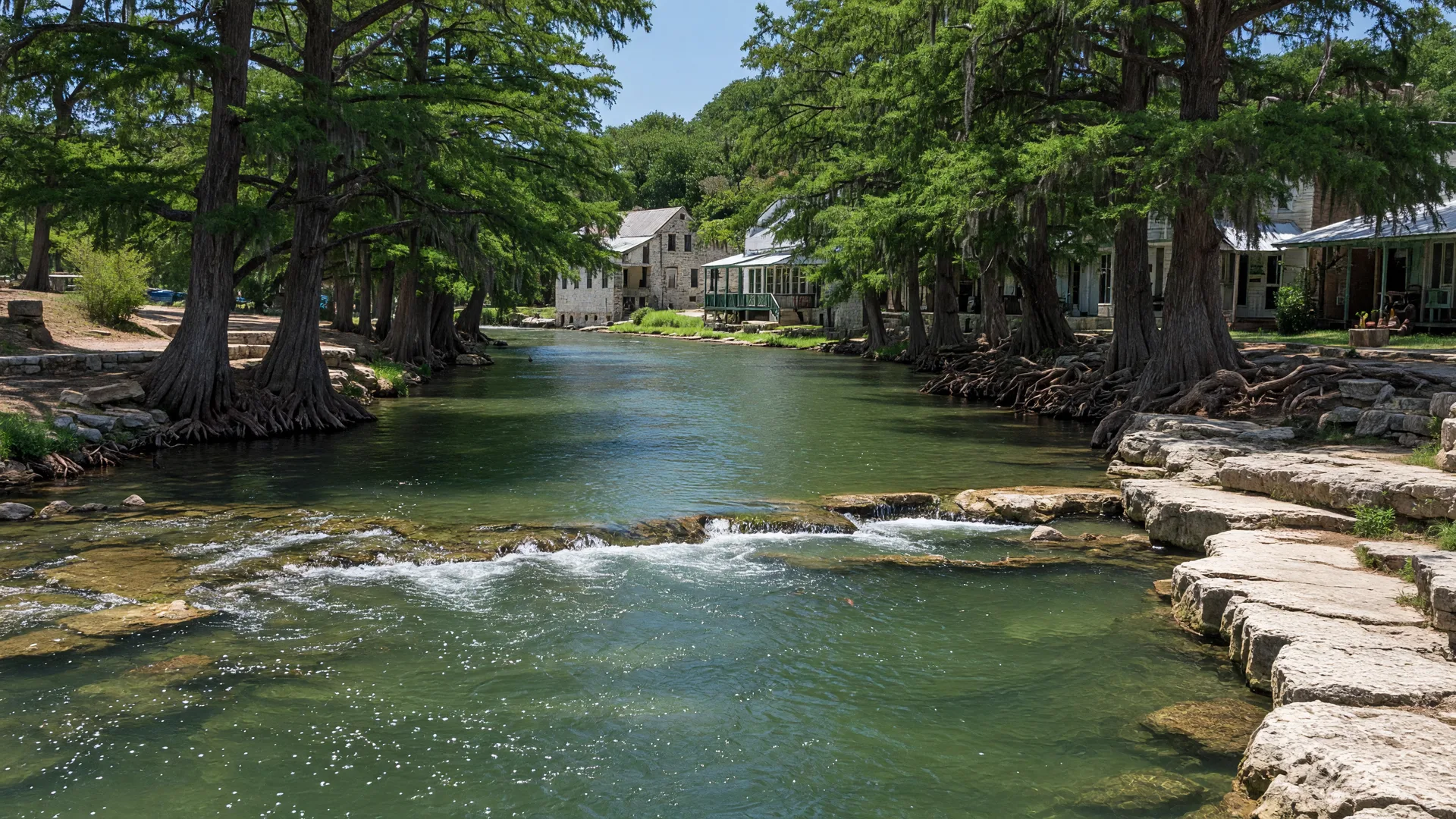 Guadalupe River flowing through the Gruene area with cypress trees lining the banks and dappled sunlight on the water