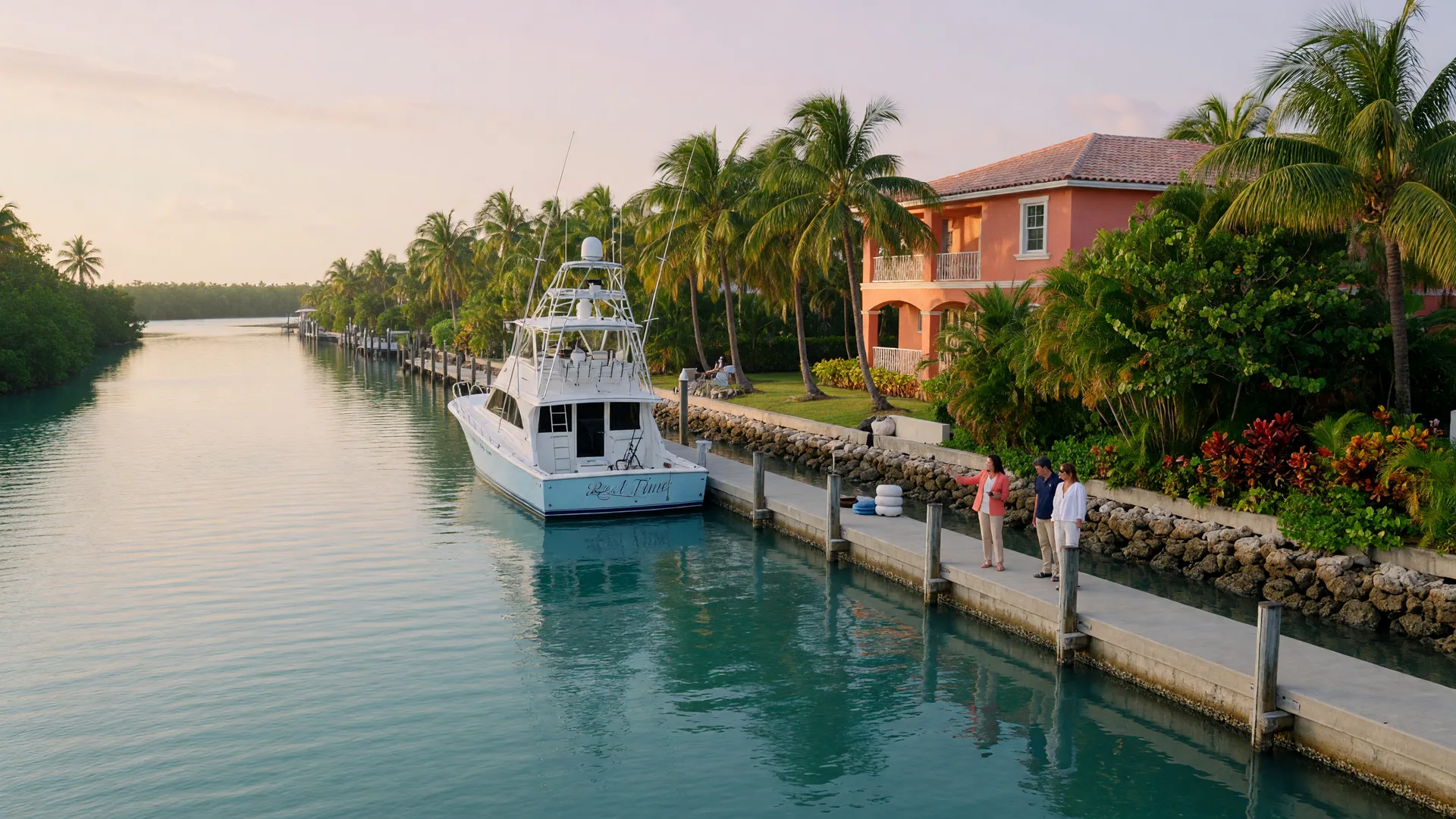 A quiet deep-water canal in Tavernier, Florida Keys, at early morning with a luxury waterfront home and a sportfishing yacht