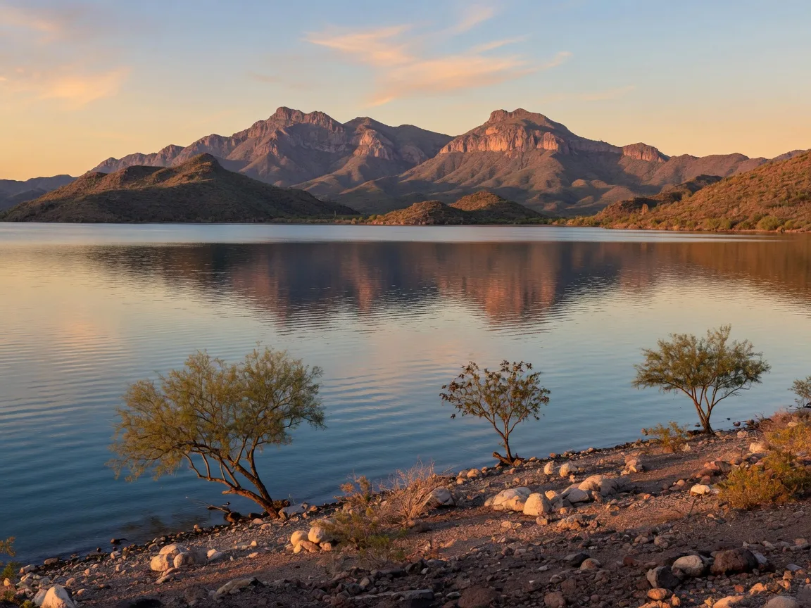 Estrella community lake in Goodyear with the Sierra Estrella mountains behind it