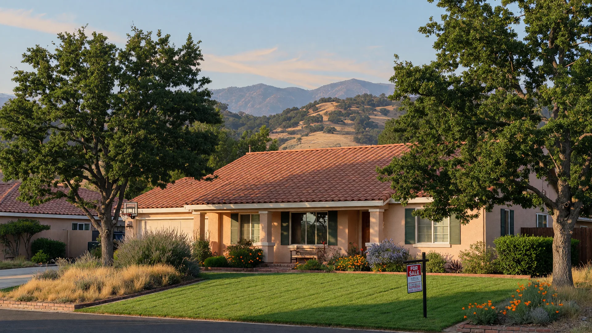 California-style single-family home in Merced County with a Sold sign in the front yard, oak trees, terracotta roof, and Sierra Nevada foothills visible under golden afternoon light