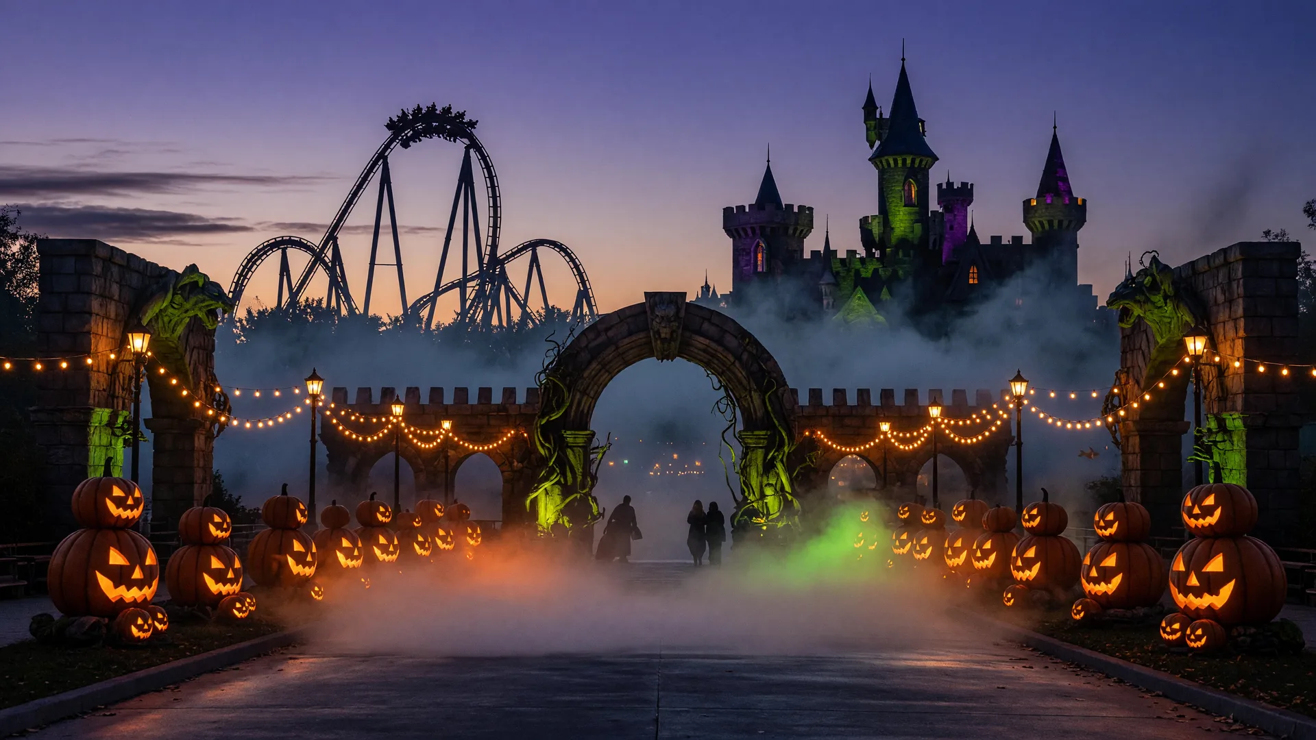 A Halloween theme park entrance at dusk with glowing jack-o'-lanterns, fog, and a roller coaster silhouette against a purple sky