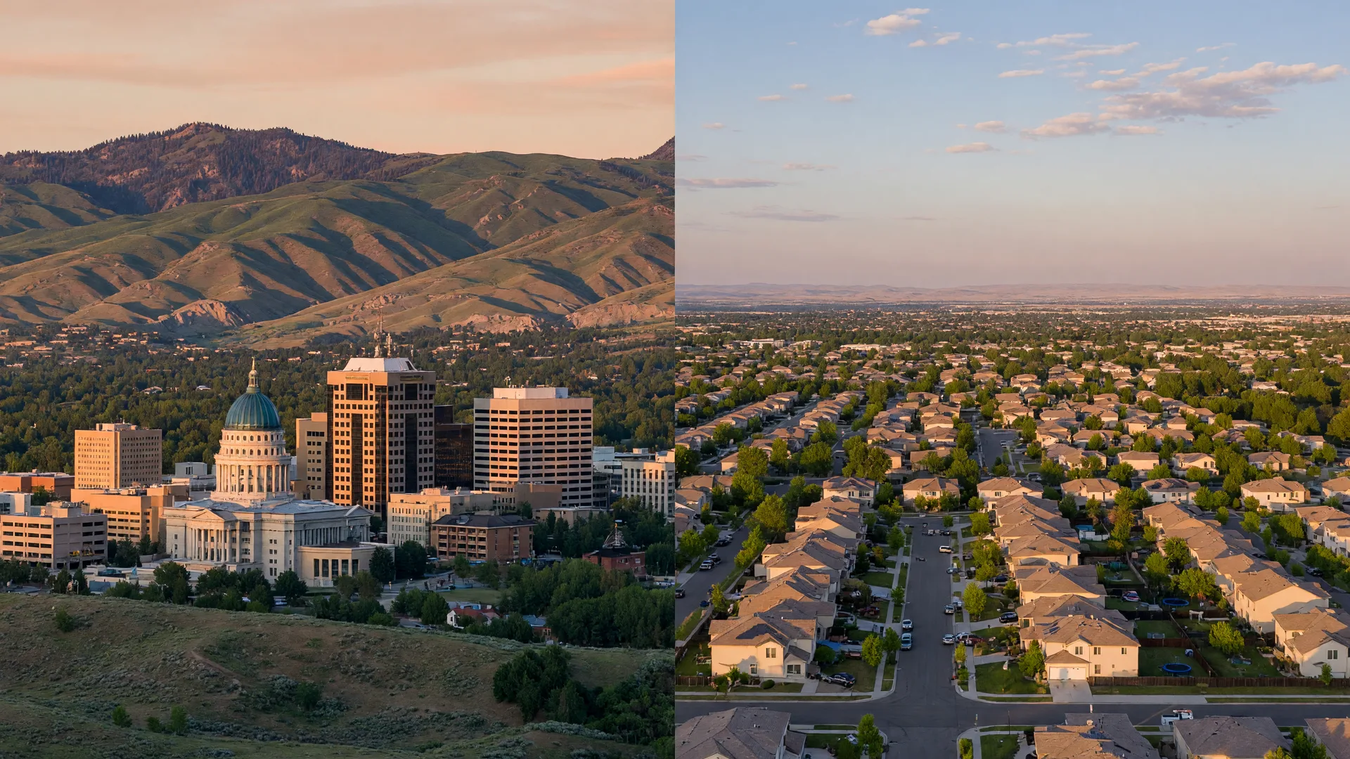 Illustrative image contrasting the Boise skyline and foothills with newer suburban rooftops across the Treasure Valley