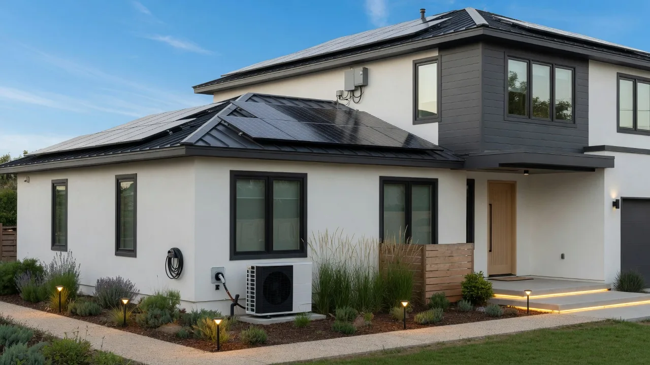 Modern home exterior with solar panels on the roof, LED landscape lighting, energy-efficient windows, and a heat pump unit in the garden