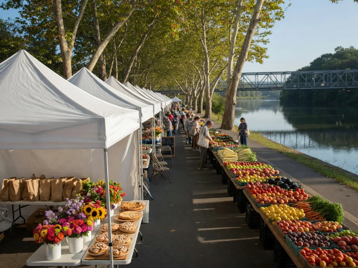 An open-air farmers market along a tree-lined riverside promenade