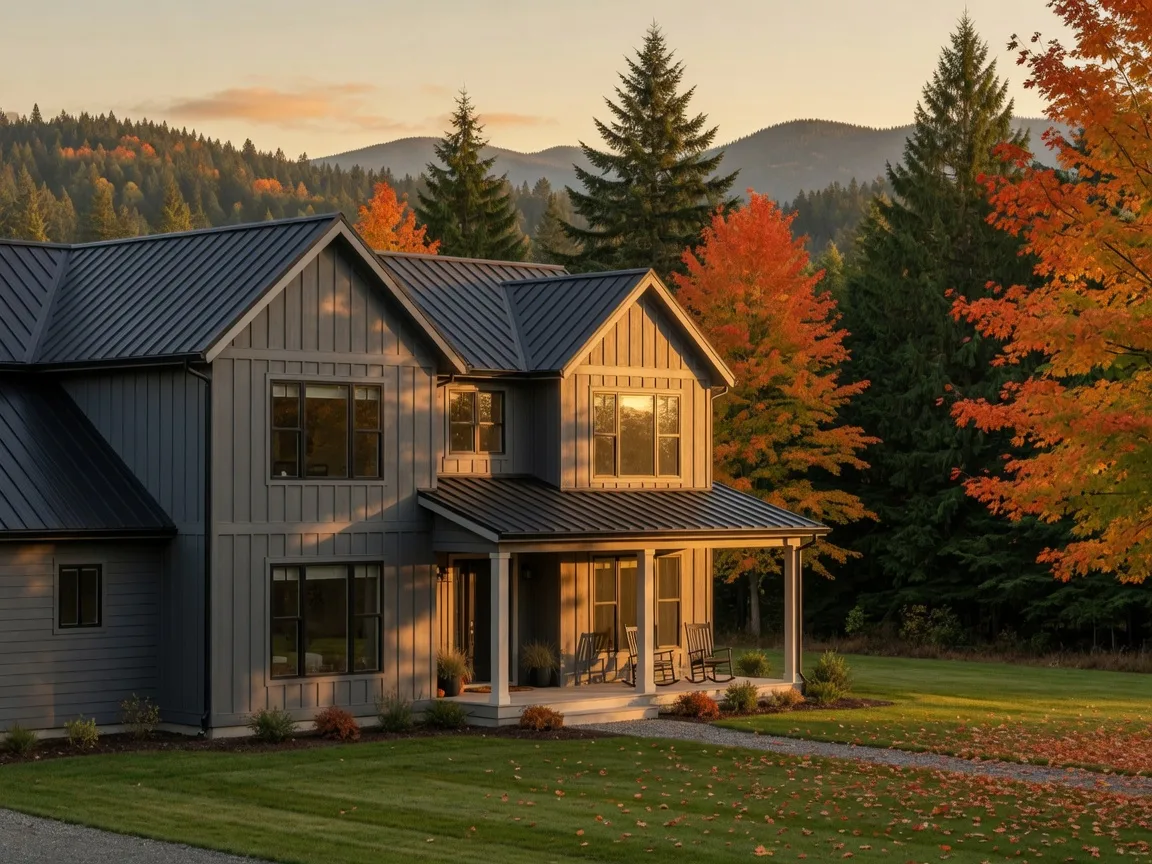 Luxury modern farmhouse on a manicured lawn in the foothills near Maple Valley, Washington
