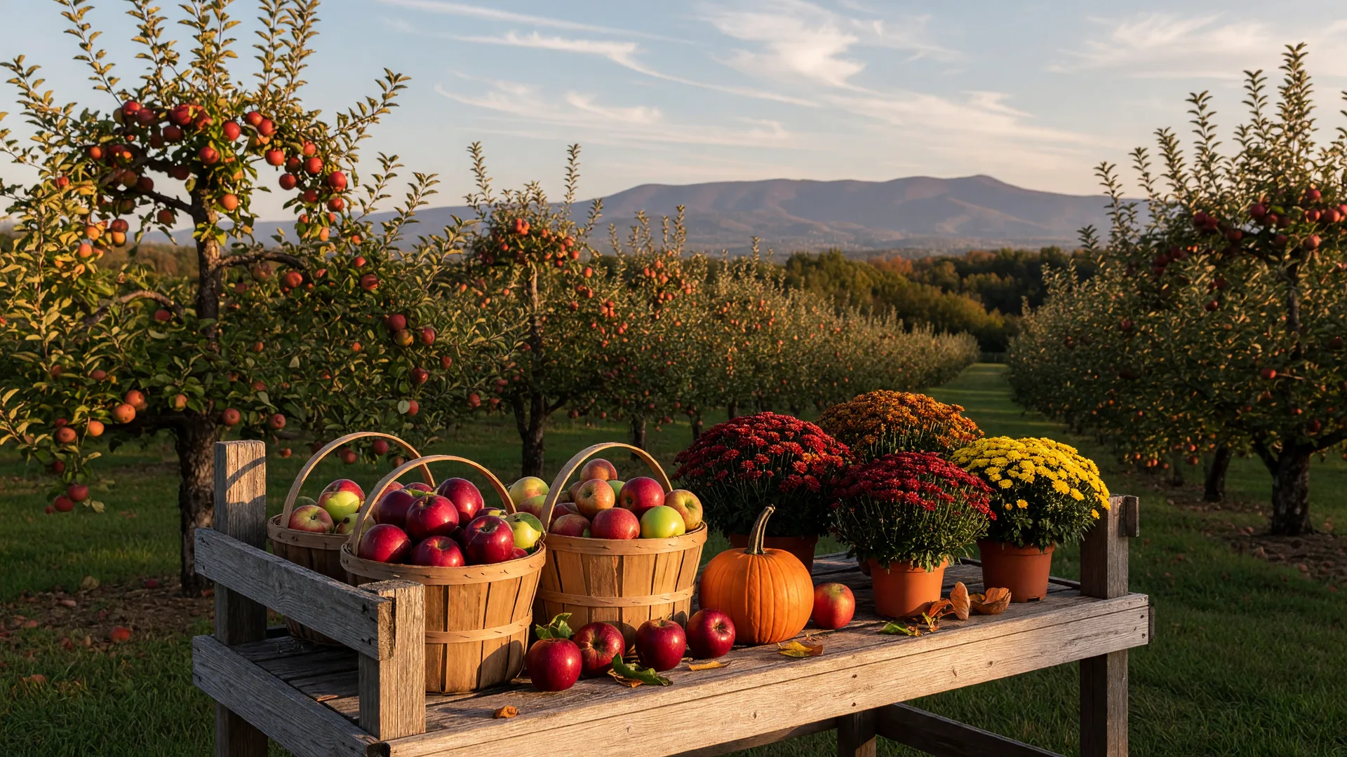 A Pennsylvania apple orchard in late September golden light, with baskets of apples at a farm stand and the Blue Mountain ridge on the horizon