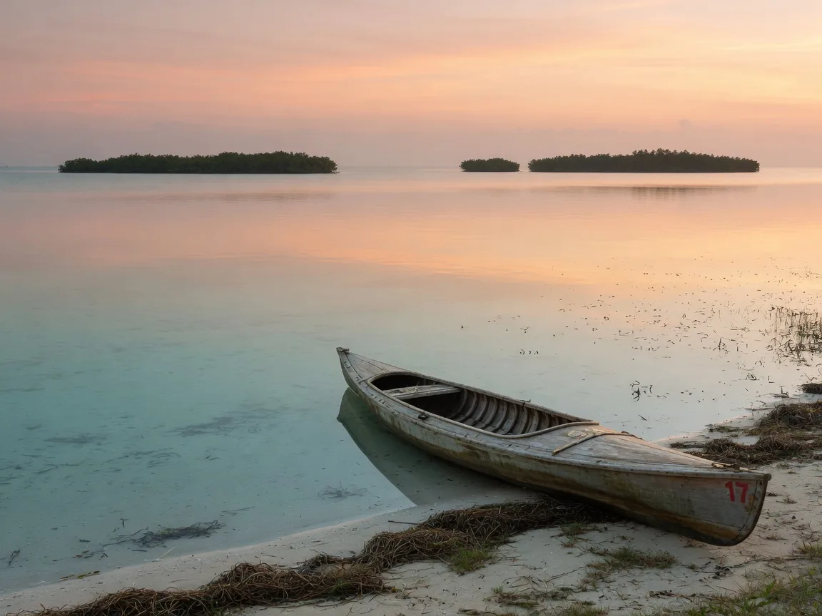 A wooden kayak resting on the glassy turquoise shallows of Florida Bay in the Upper Keys at sunrise, pale gold light across the water, a distant mangrove island line under a soft pink and peach sky