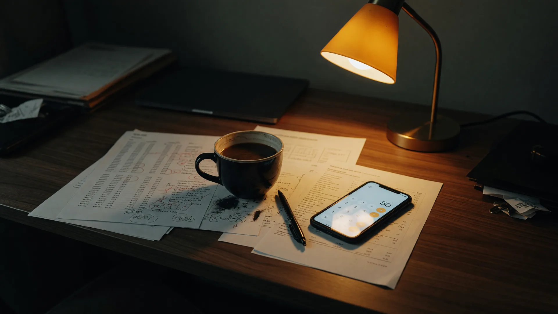 A dark walnut desk at 2 a.m. lit by a single amber lamp over printouts, a glowing phone, and a half-finished coffee, representing the real cost of bought leads in 2026