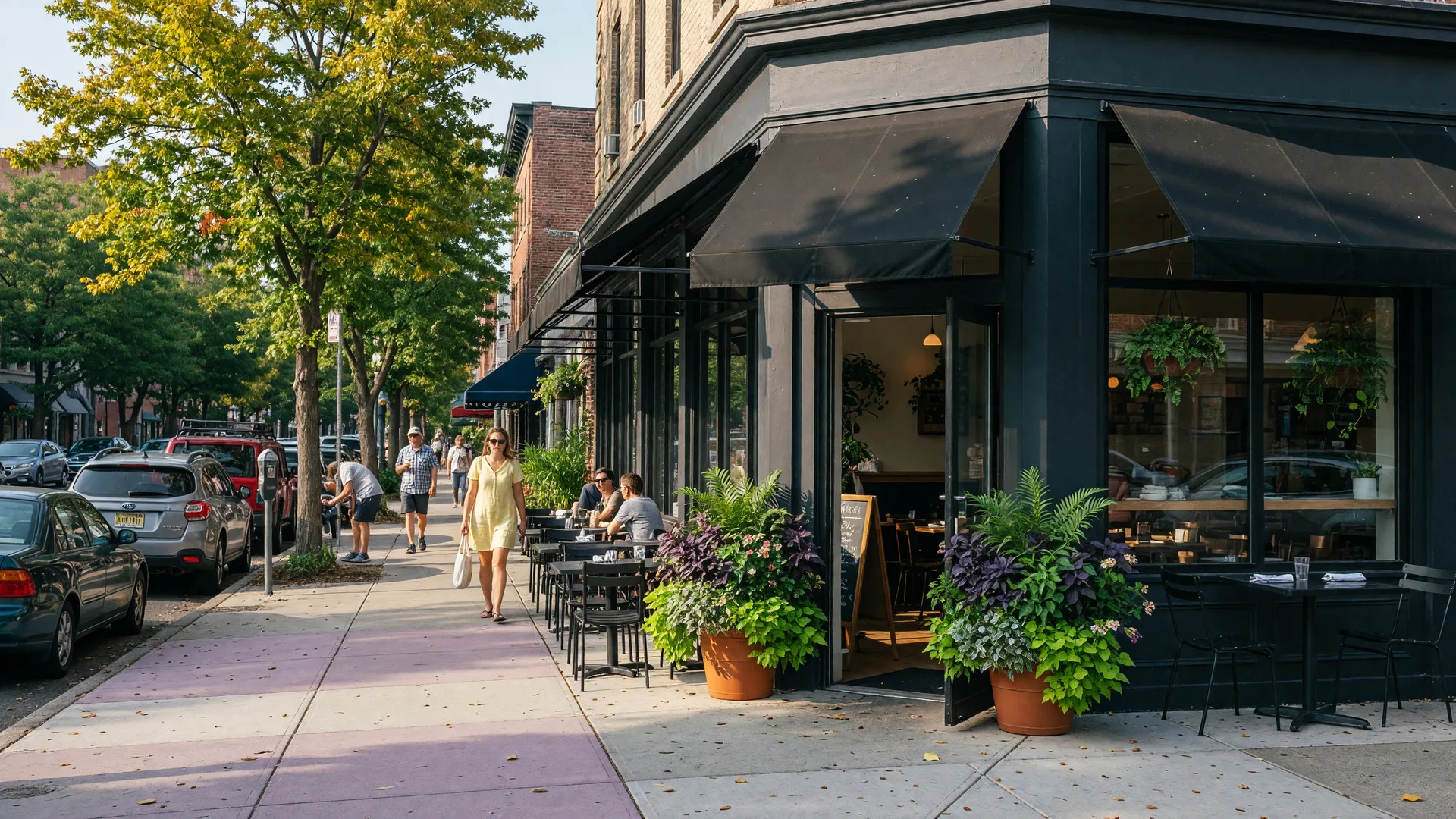 A vibrant corner restaurant storefront in Montclair NJ South End with canvas awnings, outdoor cafe tables, and potted greenery on a warm late-summer morning