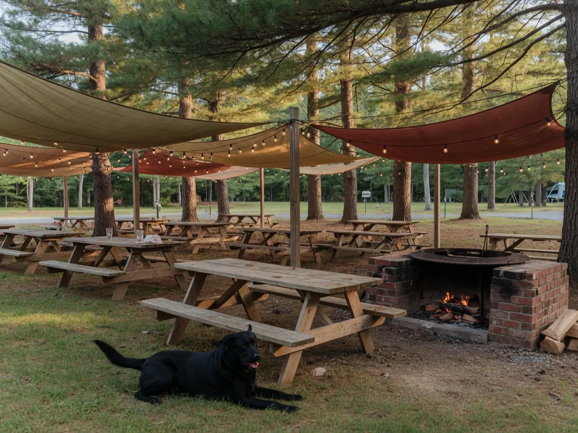 A dog-friendly brewery patio set in Virginia pine woods with rustic picnic tables, a fireplace, and a labrador relaxing on the grass