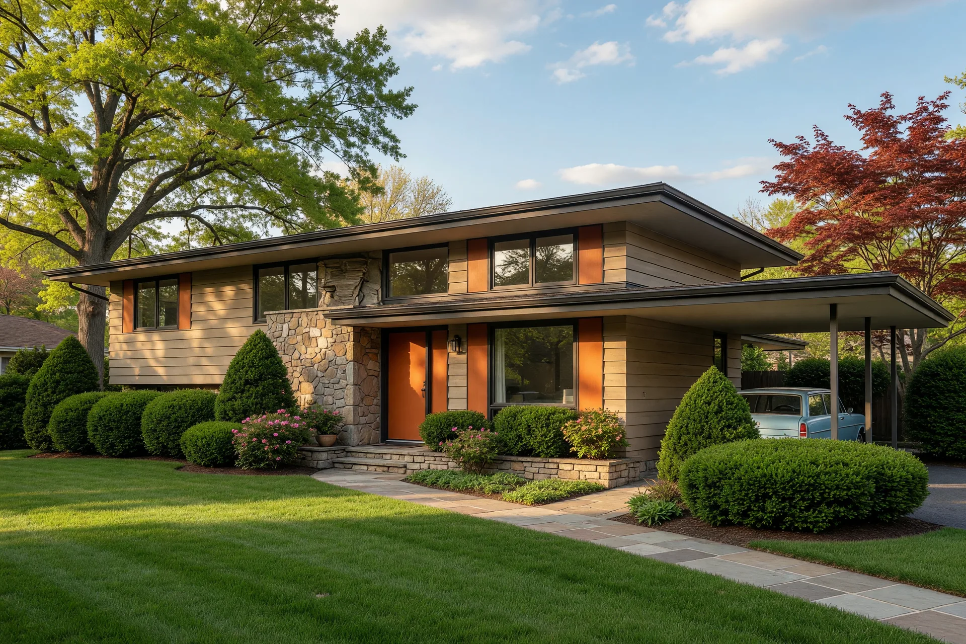 A mid-century modern home in Rockville in bright, clean daylight