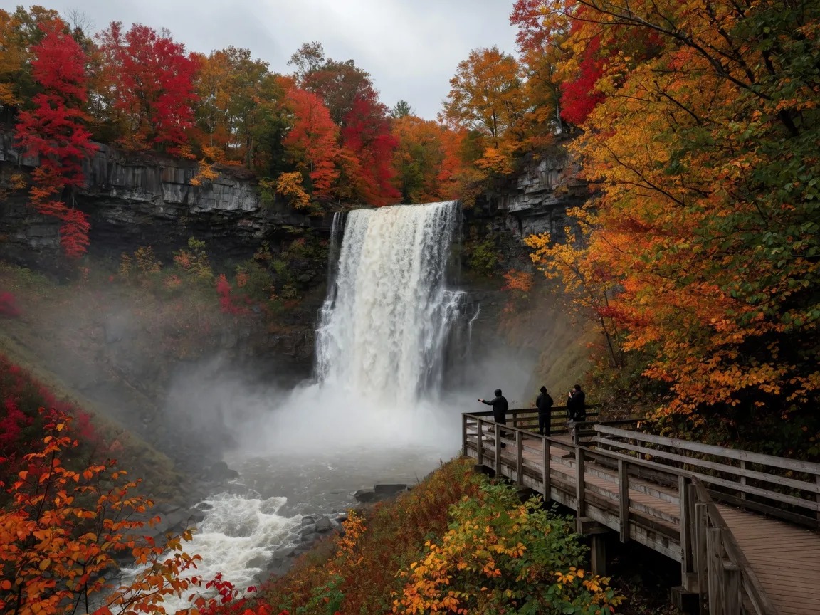 Brandywine Falls in Cuyahoga Valley National Park, a 65-foot waterfall framed by brilliant red and gold autumn foliage, with a wooden boardwalk viewing platform