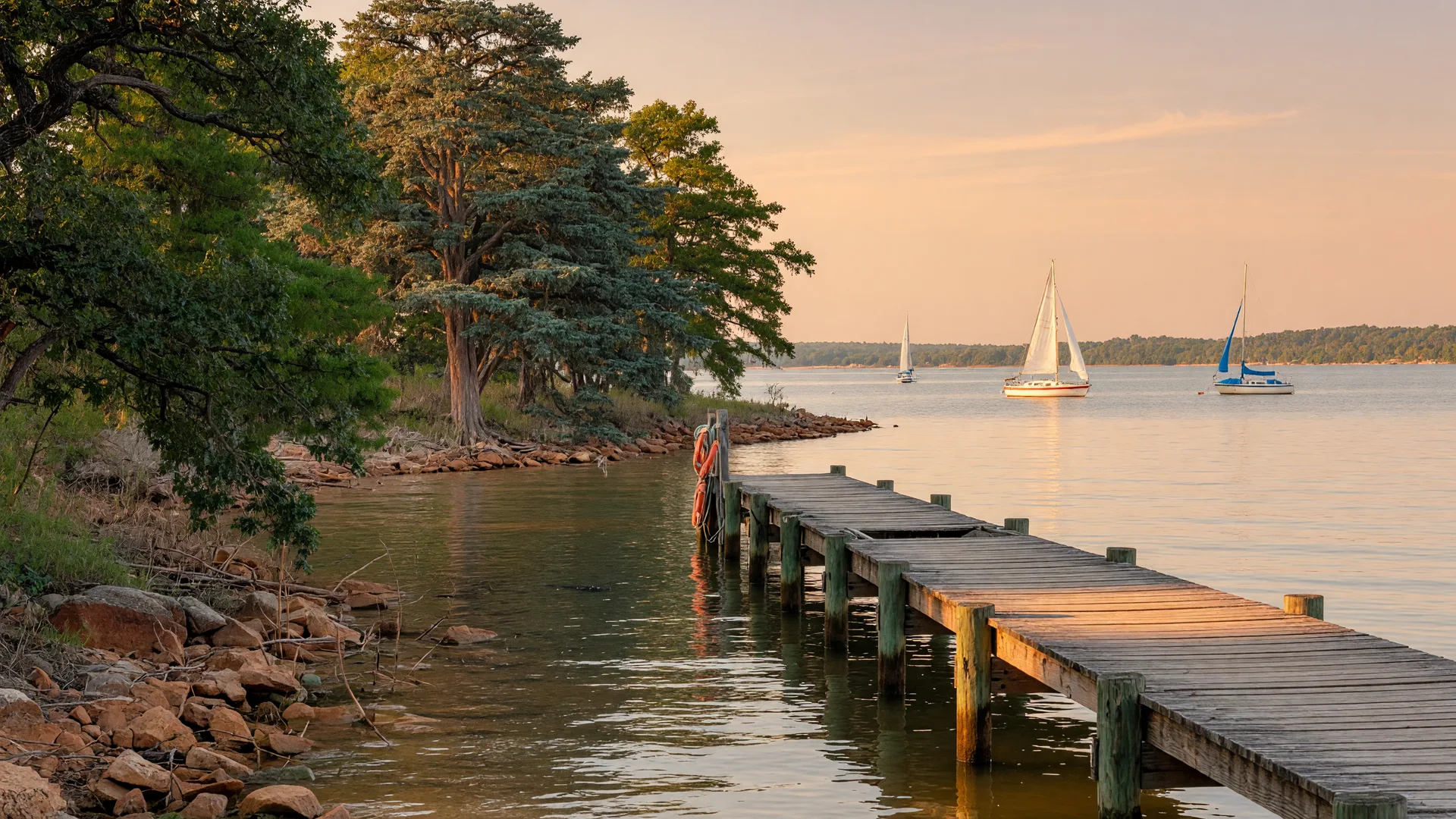 A weathered wooden dock reaching into calm Lake Texoma water at golden hour