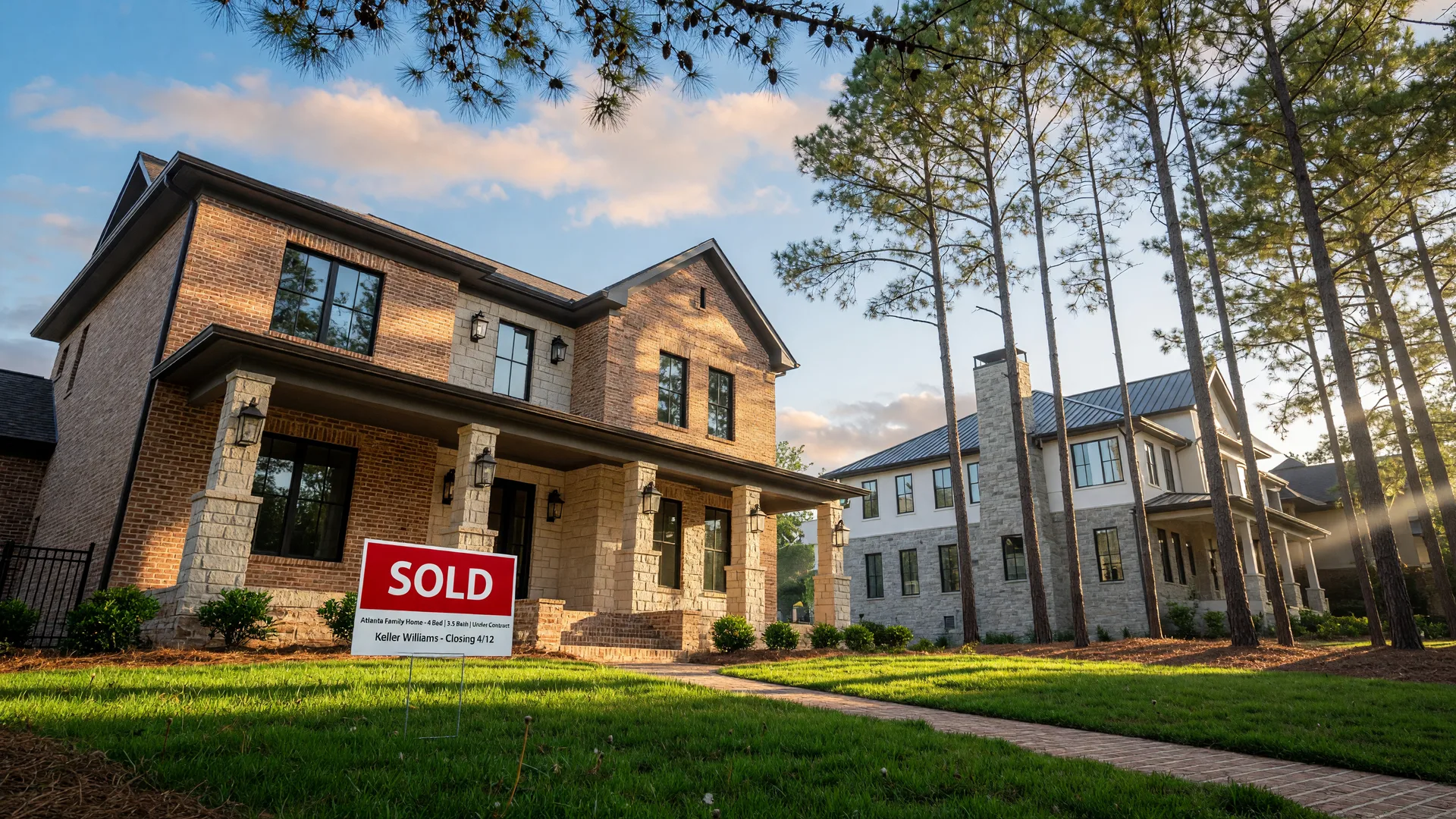 Two Atlanta homes with a sold sign in the foreground, representing the transition of buying before selling