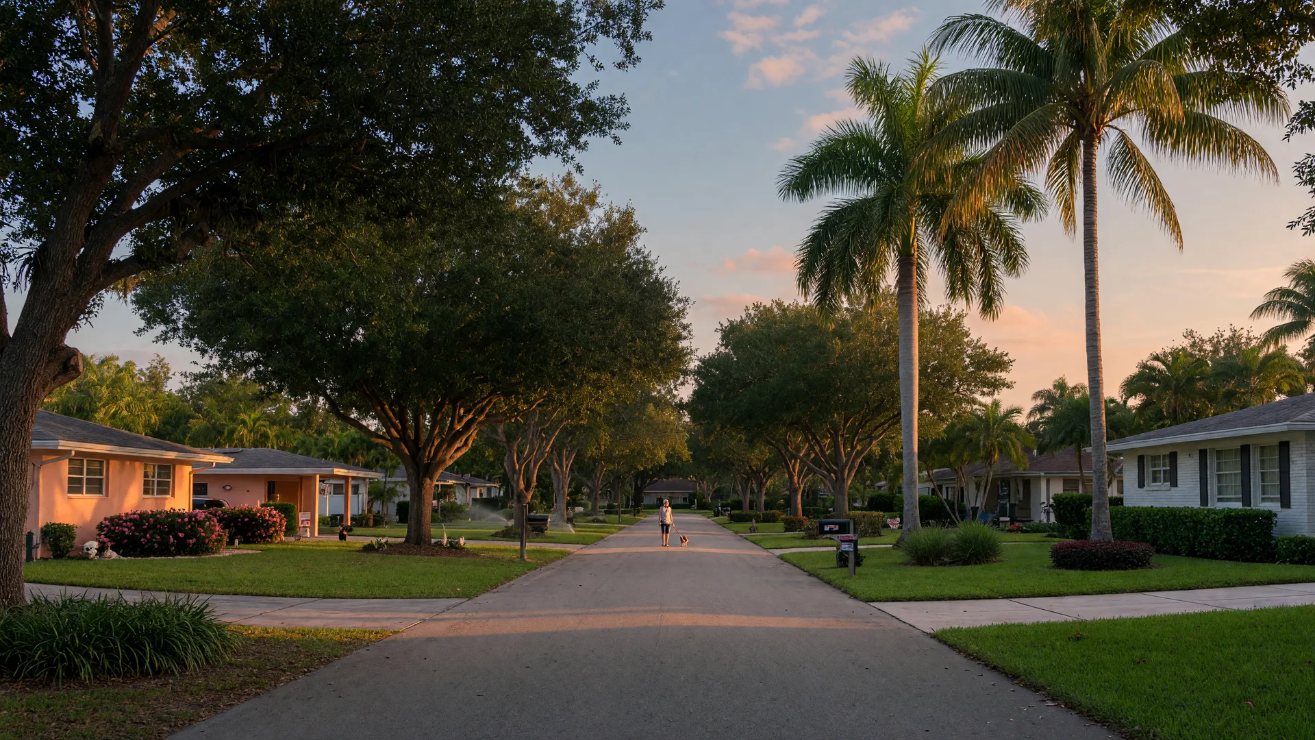 A tree-lined residential street at golden hour with family homes and palms