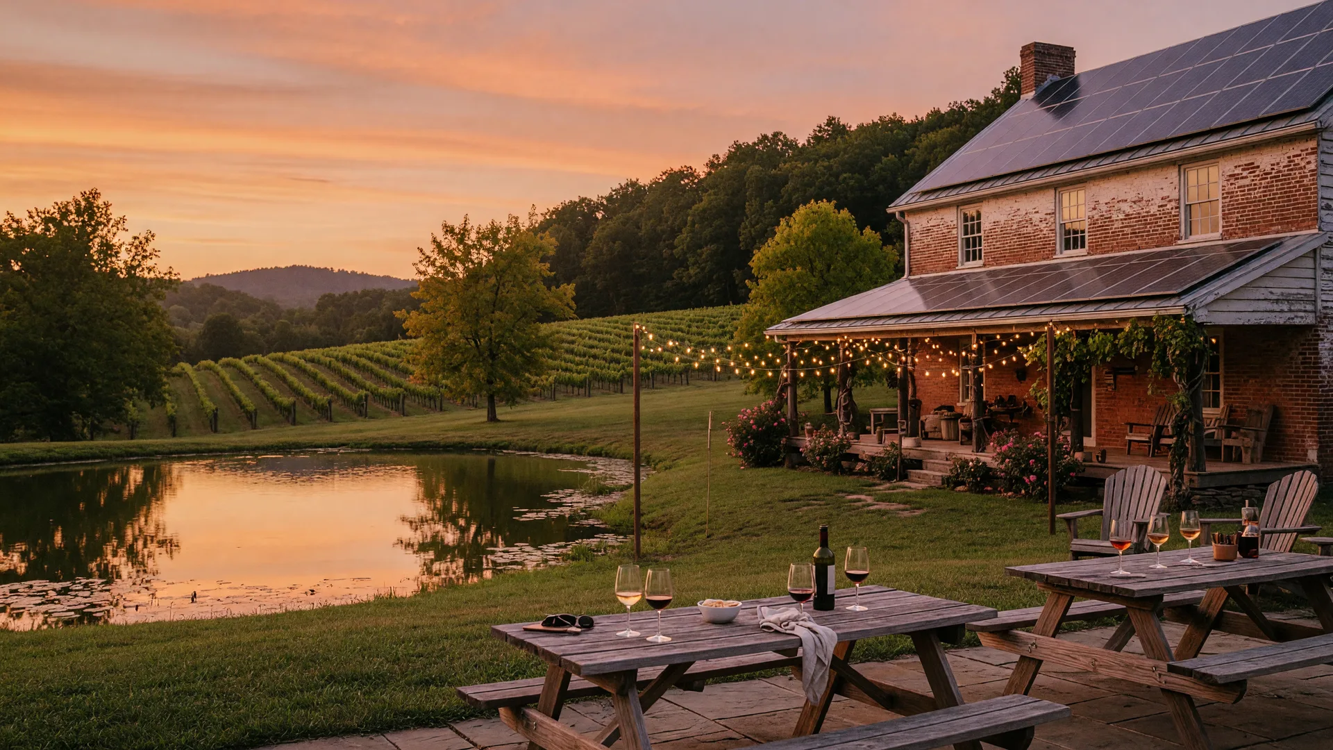 Virginia vineyard at golden hour with a rustic winery building overlooking a pond, string lights on the patio, and wine glasses on a wooden table