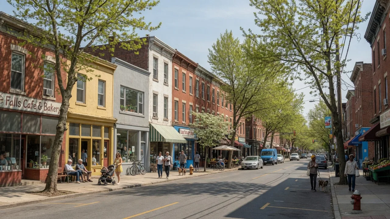 Ridge Avenue commercial corridor in East Falls with shops and restaurants