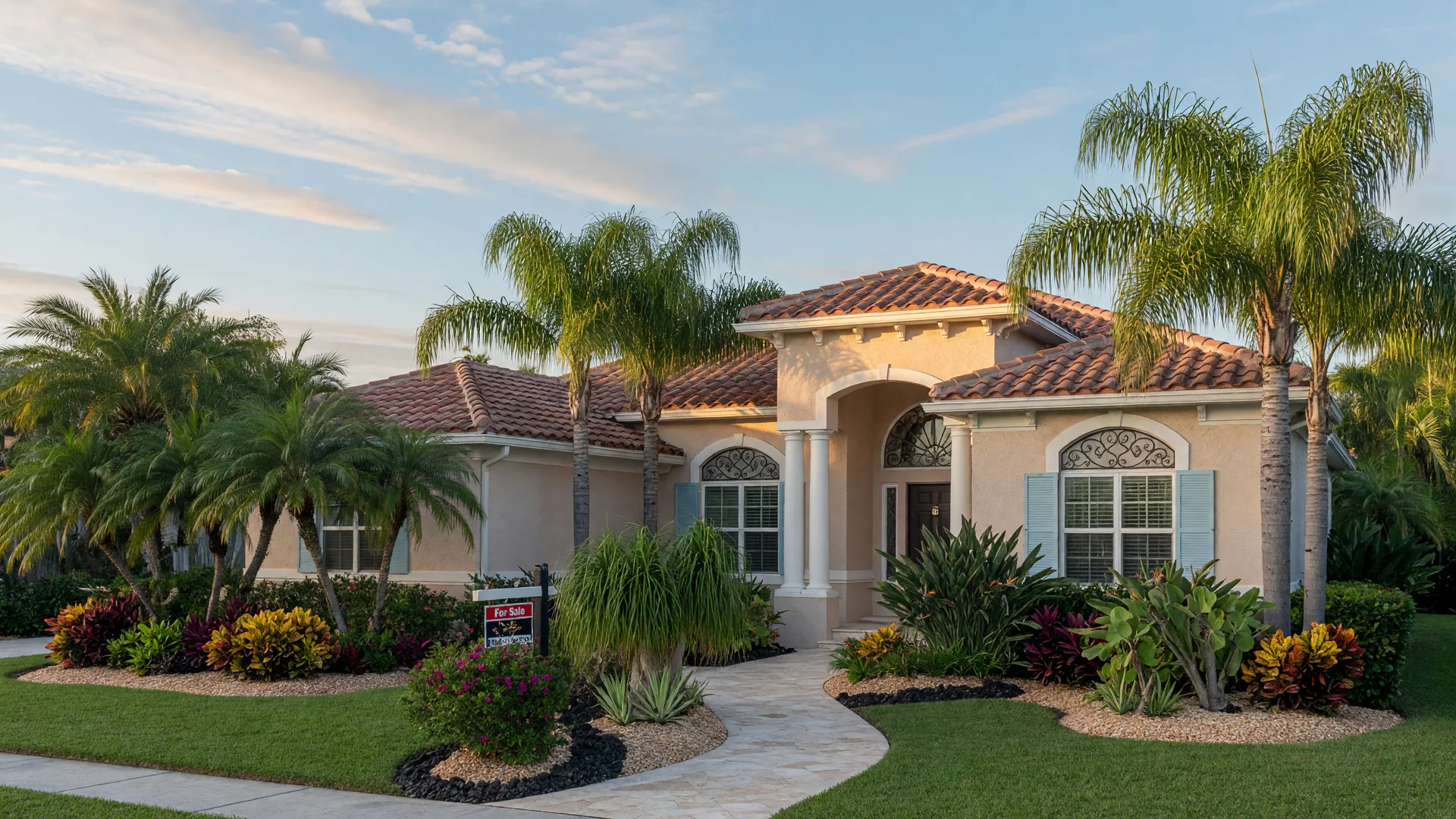 A sophisticated coastal Florida home with stucco facade, clay tile roof, and lush tropical landscaping under a clear morning sky