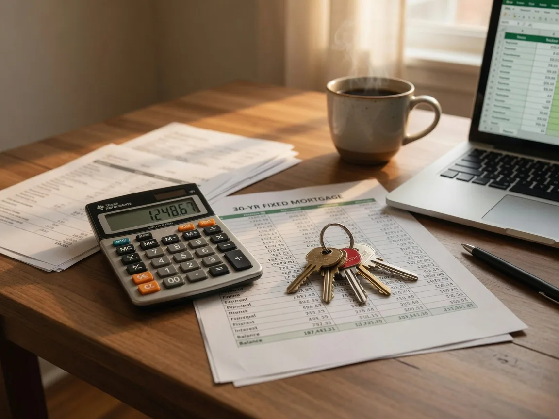 A financial calculator, house keys, and mortgage papers on a wooden desk representing home buying financial planning