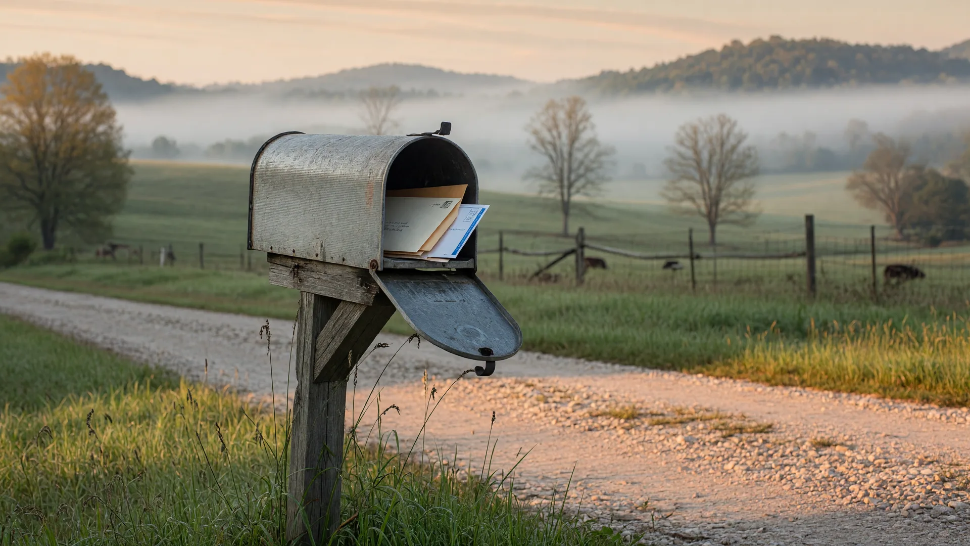 Rural mailbox beside a gravel driveway with envelopes inside on a foggy North Georgia morning