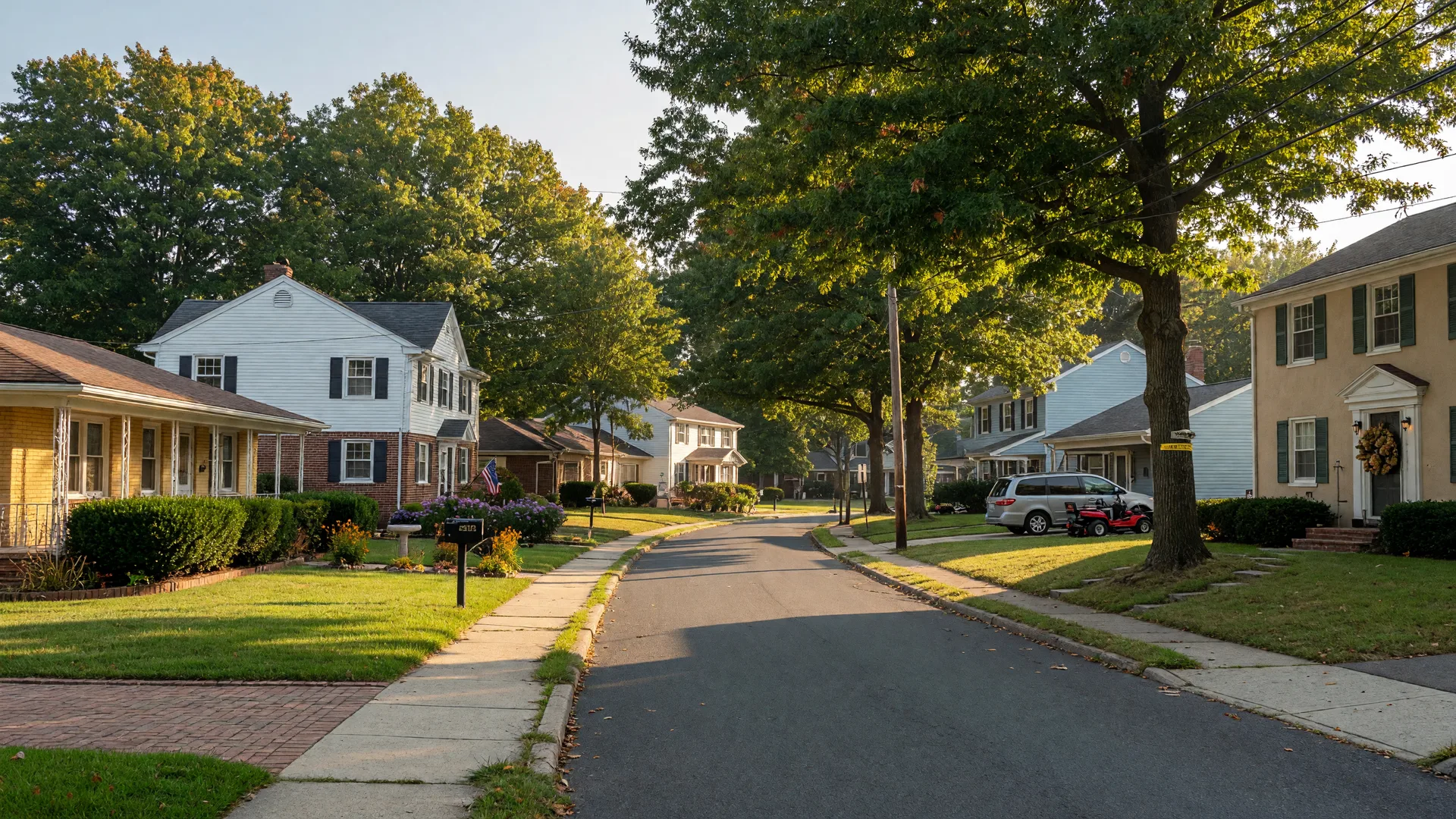 Quiet residential street in Upper Chichester Township with mid-century and colonial revival homes under late-summer morning light