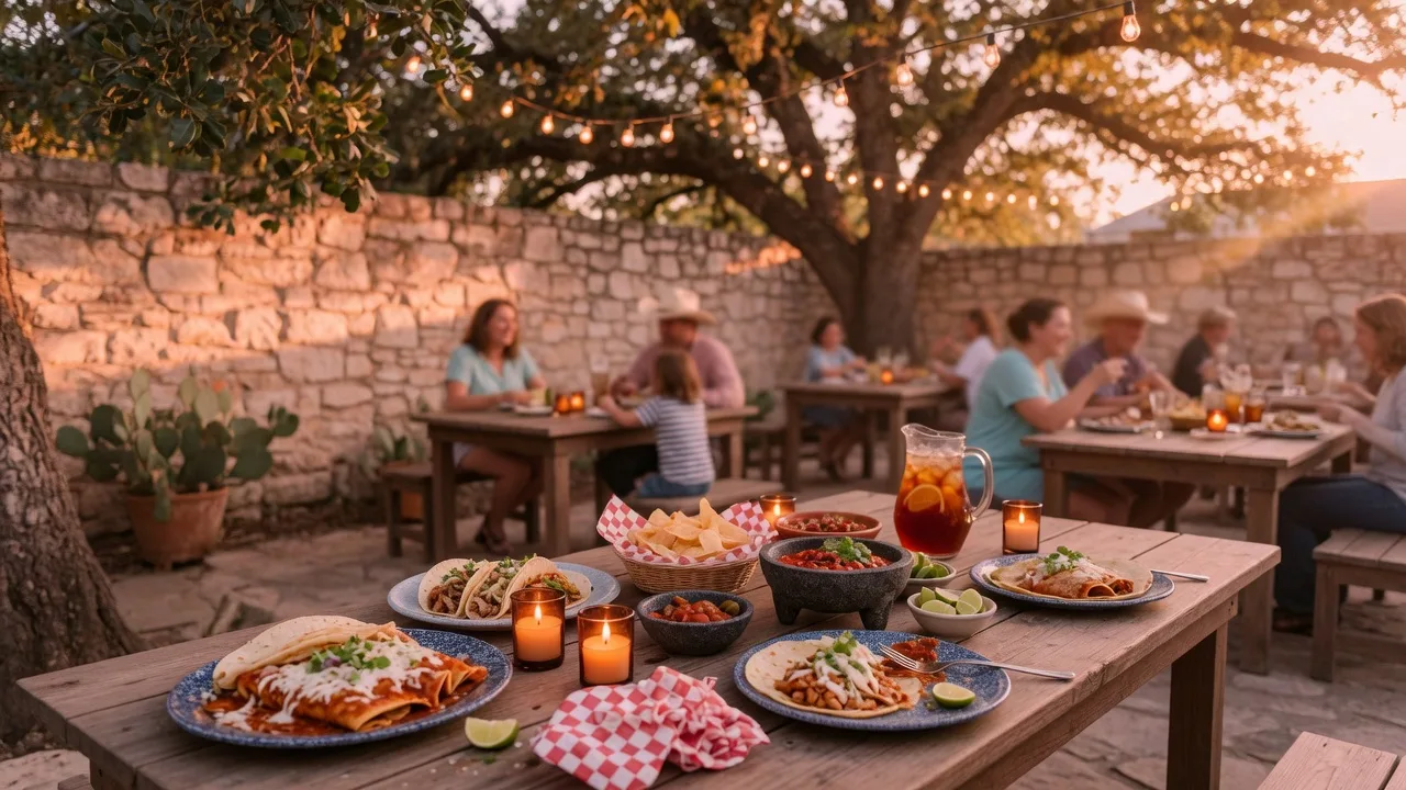 Golden-hour patio table spread with enchiladas, tacos, chips and salsa under string lights