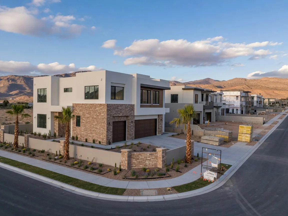 A freshly completed luxury two-story home with stacked stone accents in a new Southern Highlands village in Southwest Las Vegas, with desert landscaping and mountains behind