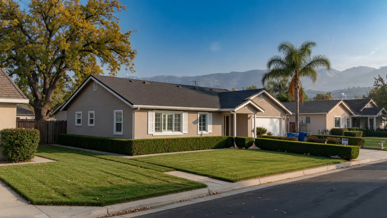 A freshly repaired single-story ranch home in a Merced County neighborhood on a crisp October morning with a new architectural shingle roof, fresh neutral stucco paint, clean white window trim, a tidy lawn, valley oaks and palm trees, and the hazy Sierra Nevada foothills on the horizon