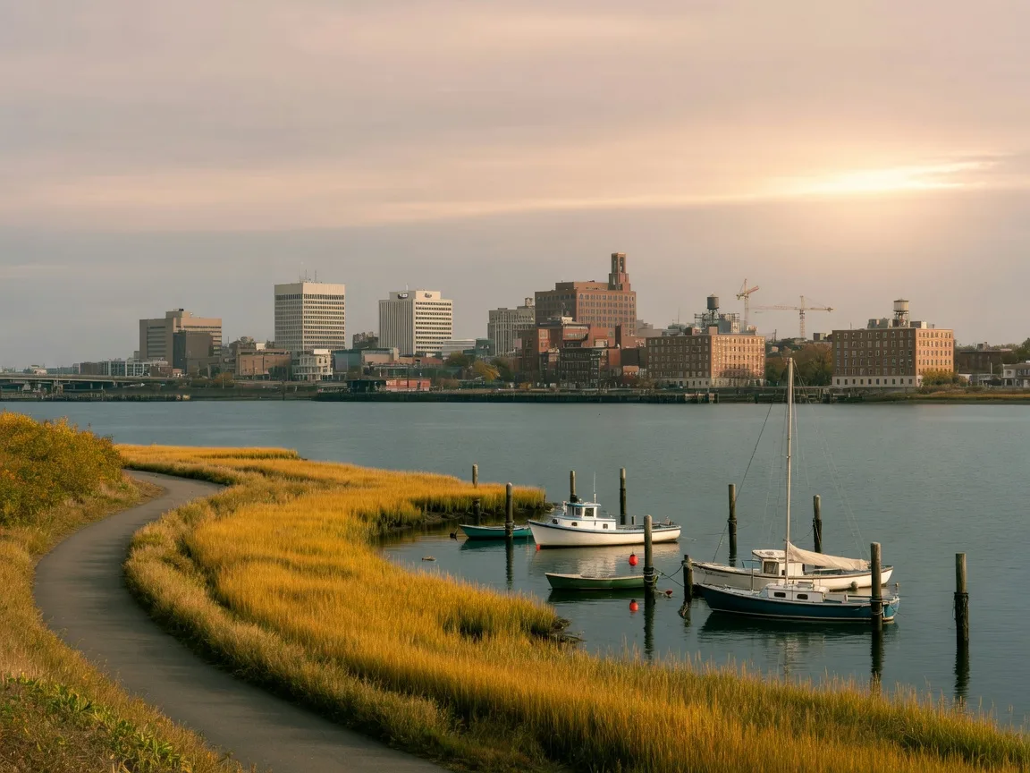 The Long Wharf waterfront in New Haven with golden marsh grasses, a walking path, moored boats, and the downtown skyline across the harbor on a calm October morning