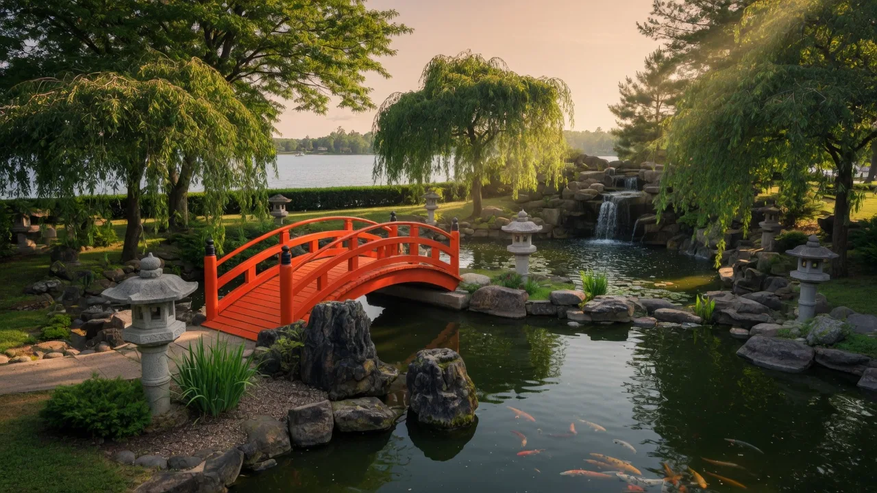 Vermillion arched bridge crossing a koi pond with weeping cherry trees and stone lanterns at the Tokushima-Saginaw Friendship Garden in Saginaw, Michigan