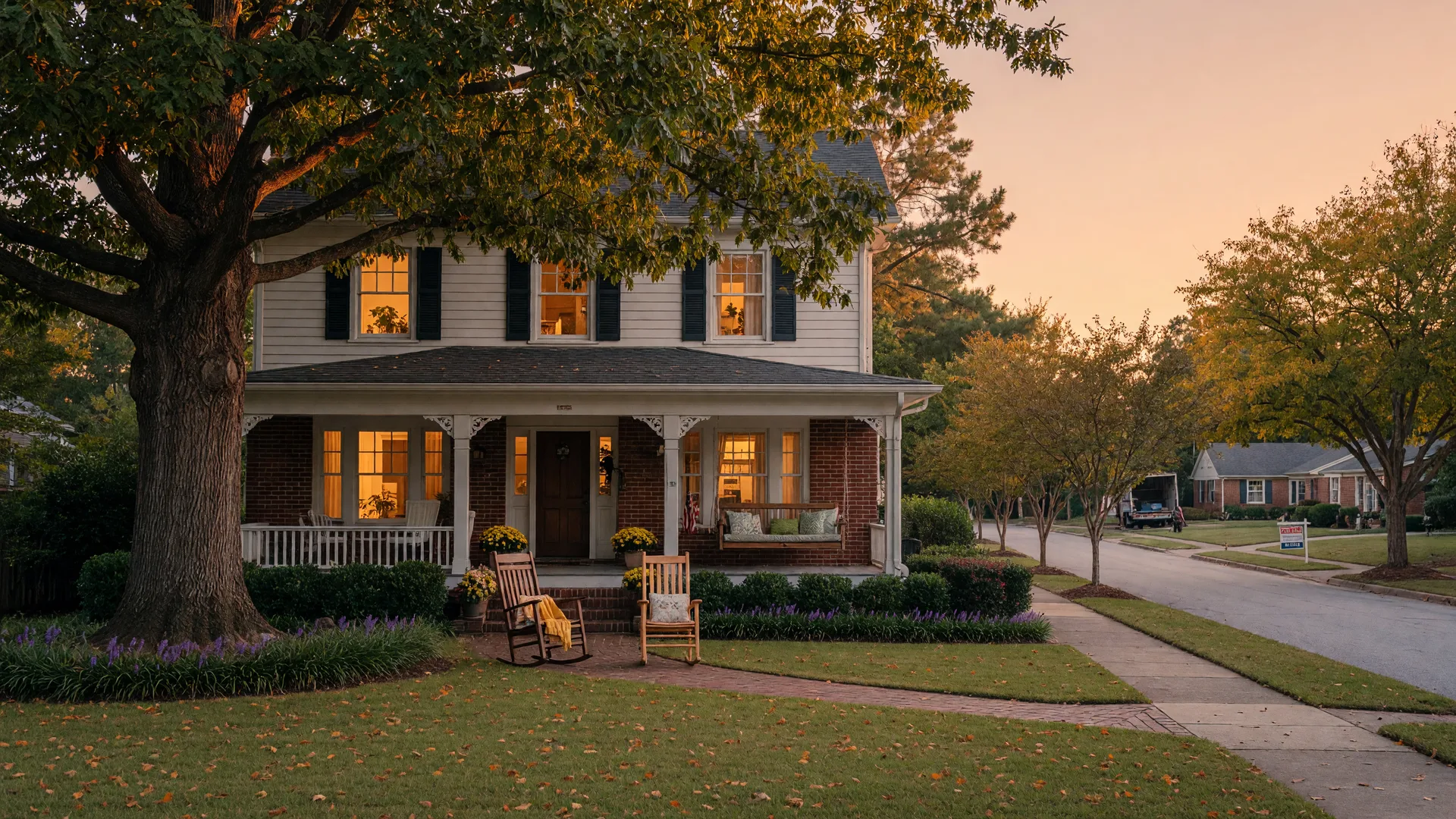 A welcoming two-story family home on a tree-lined Atlanta street at golden hour with a porch swing and two rocking chairs of different sizes, representing the larger multi-generational home a four-generation family moved into