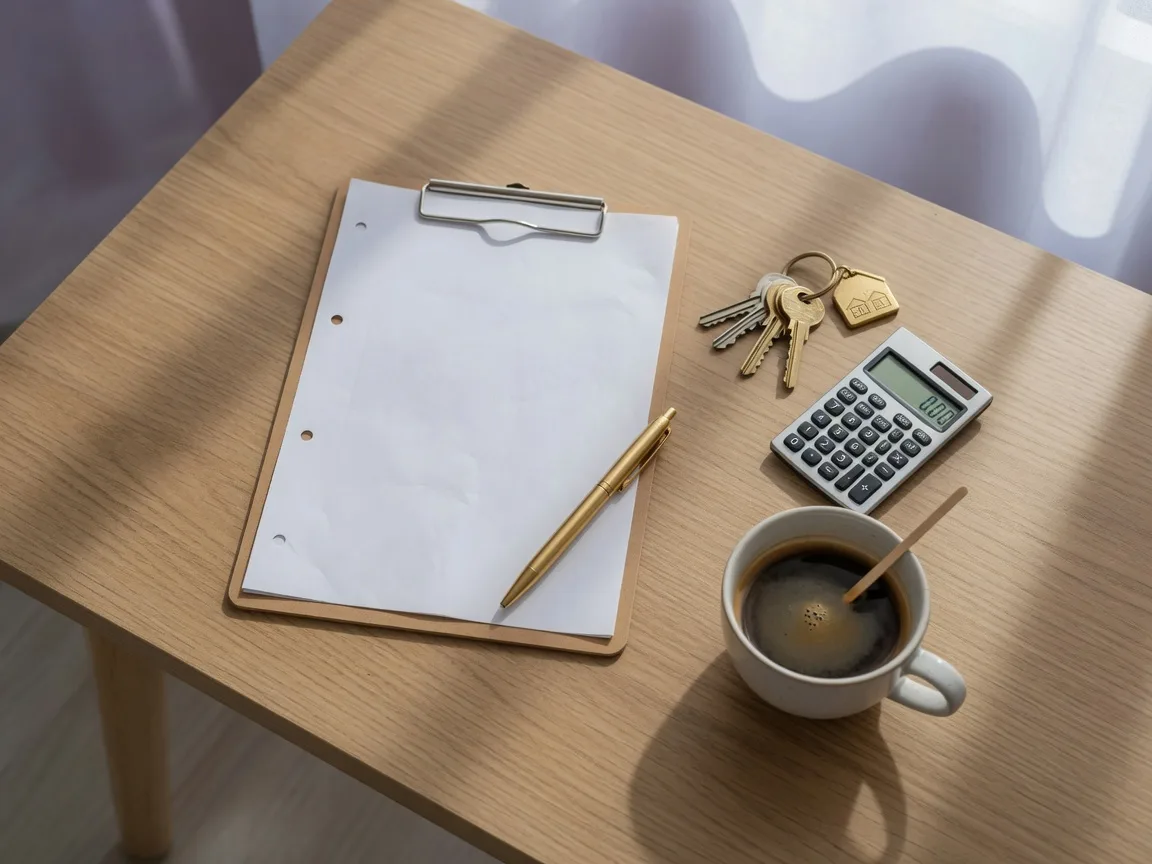 Overhead flat-lay photograph of a home sale in progress with a clipboard, gold pen, brass house keys, calculator, and coffee on a light oak desk