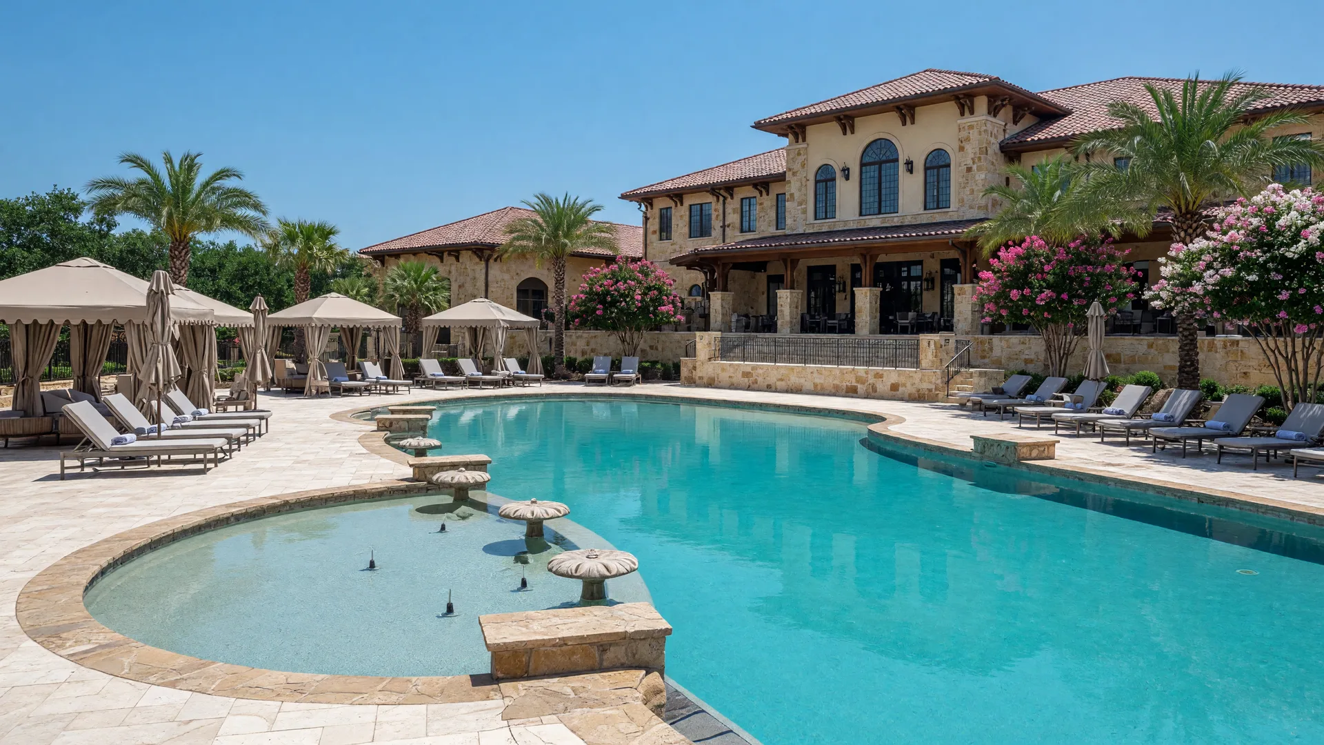 Illustrative image of a community resort pool with cabanas