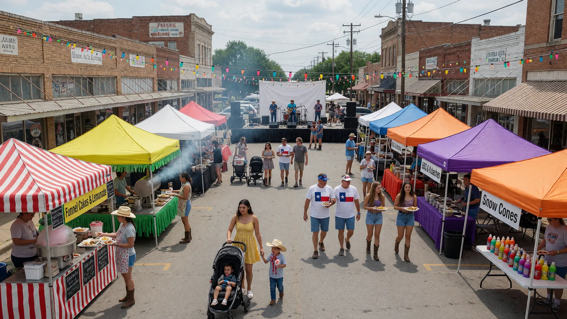 A vibrant street festival on a small-town Texas downtown main street with food vendor tents, families, a stage, and string lights