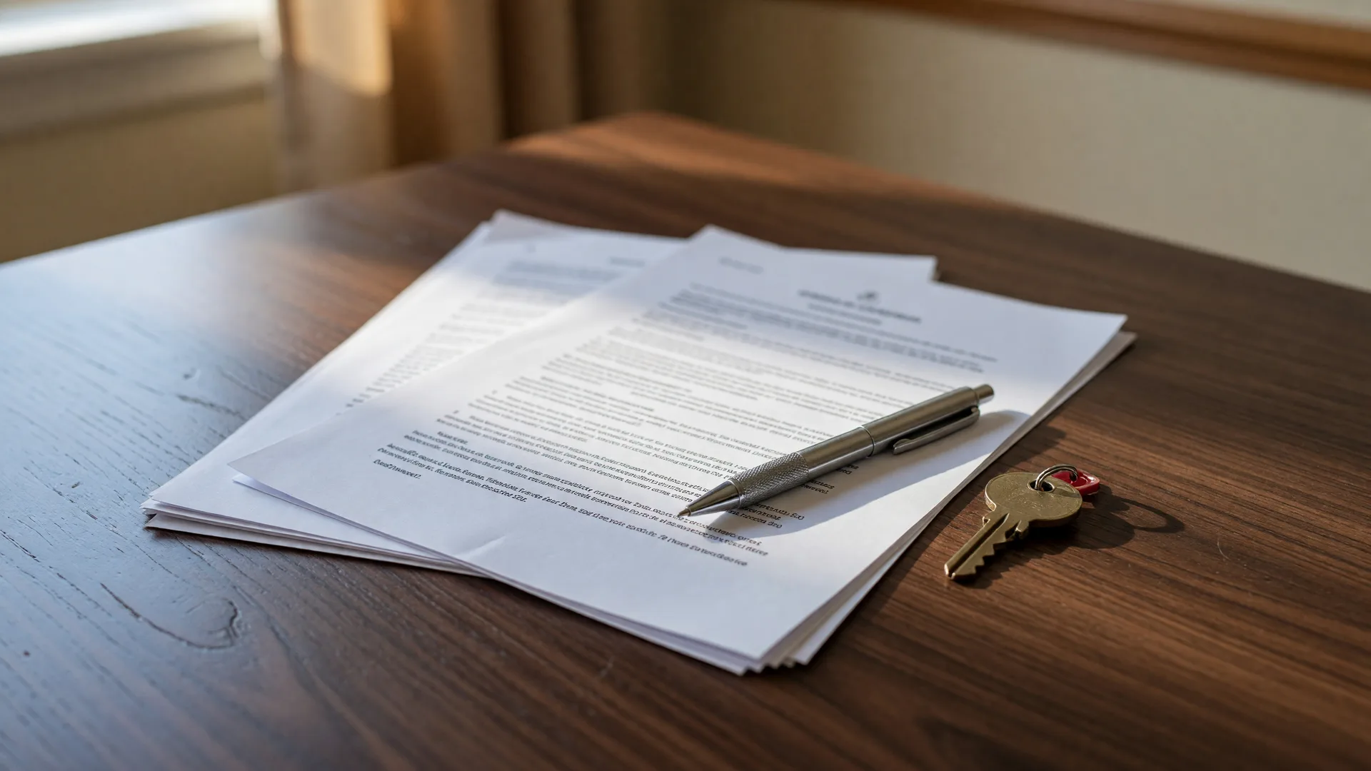 Real estate purchase agreement on a dark wooden table with a silver pen and house key