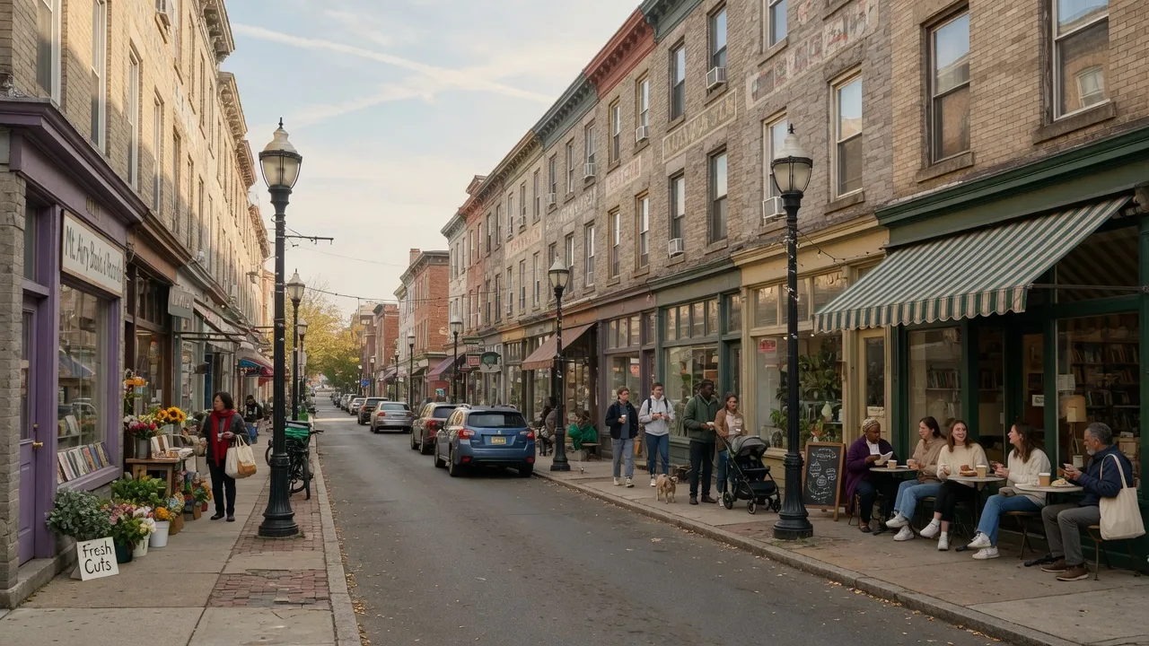 Lively Germantown Avenue commercial street in Mt. Airy with local shops, cafes with outdoor seating, and pedestrians