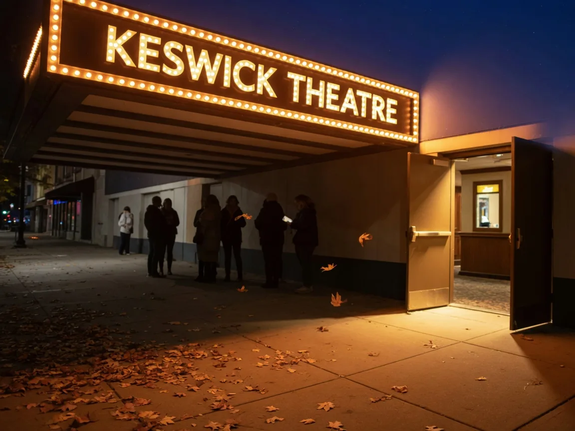 The Keswick Theatre marquee glowing golden on a crisp October night, warm light spilling from the lobby across a sidewalk scattered with autumn leaves, distant couples in jackets queuing beneath the canopy under a deep blue sky