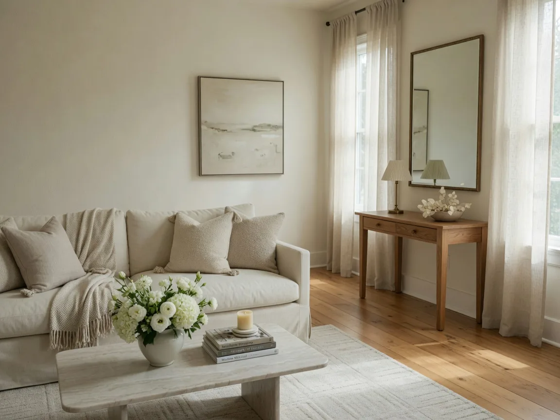 Bright, professionally staged luxury living room in a Knoxville home with fresh florals and soft morning light, ready for the market