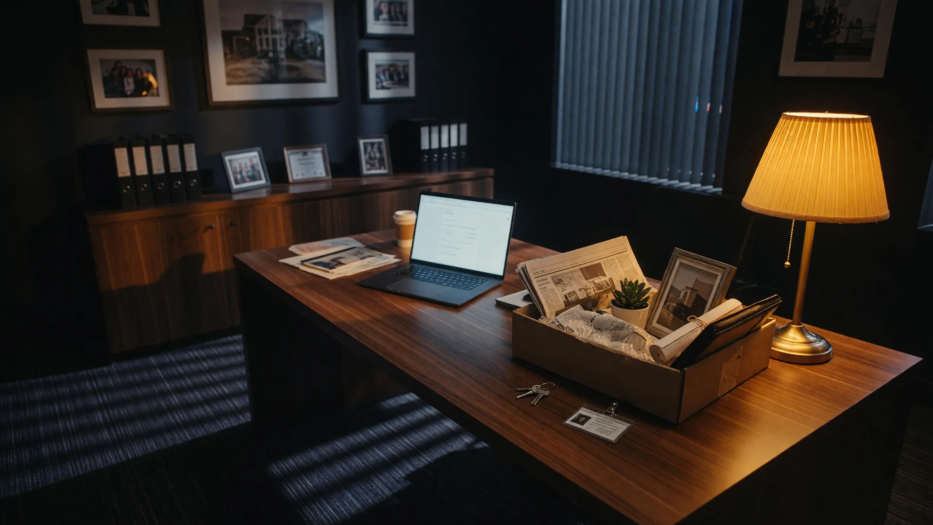 A dark walnut desk at 2 a.m. with a glowing laptop, a warm amber lamp, and a half-packed box, representing the decision to quit real estate