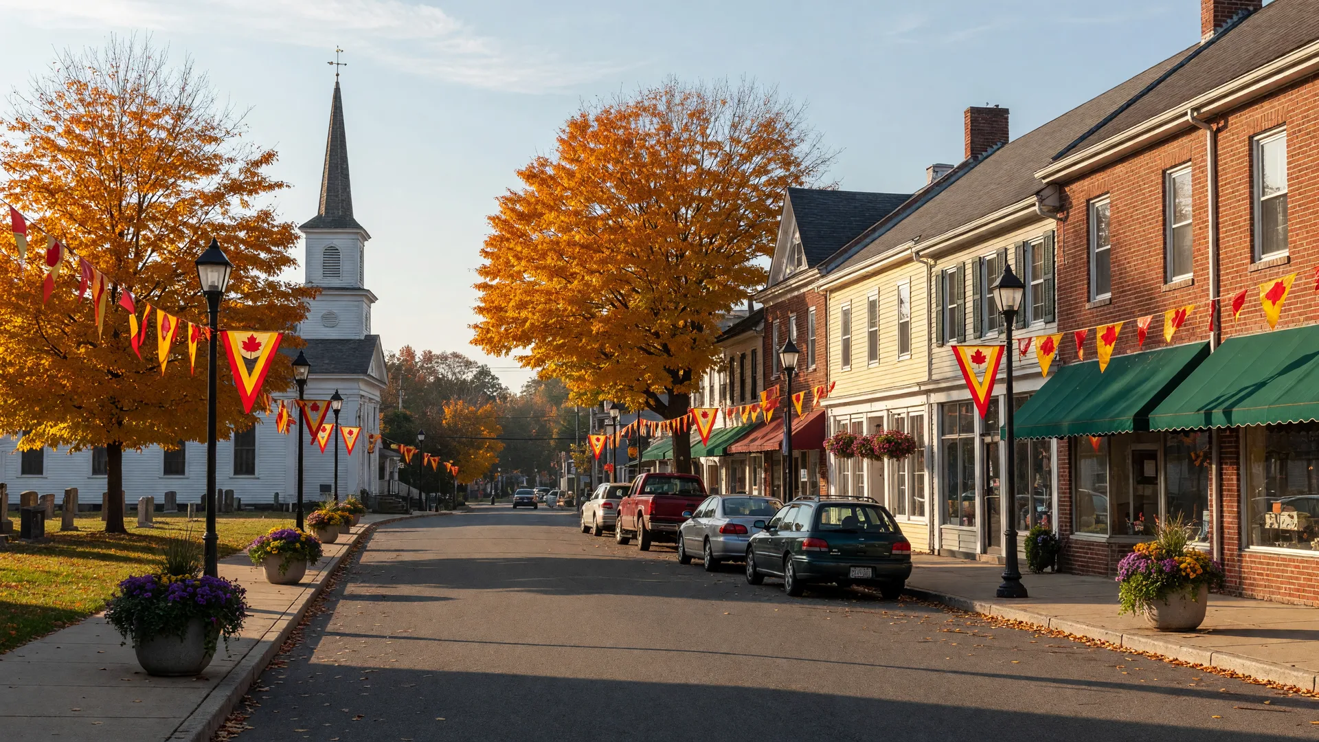 Historic Main Street in Marlton, New Jersey on a crisp early-October morning, with two-story brick and clapboard storefronts, a white church, green awnings, flower planters, and maples turning gold