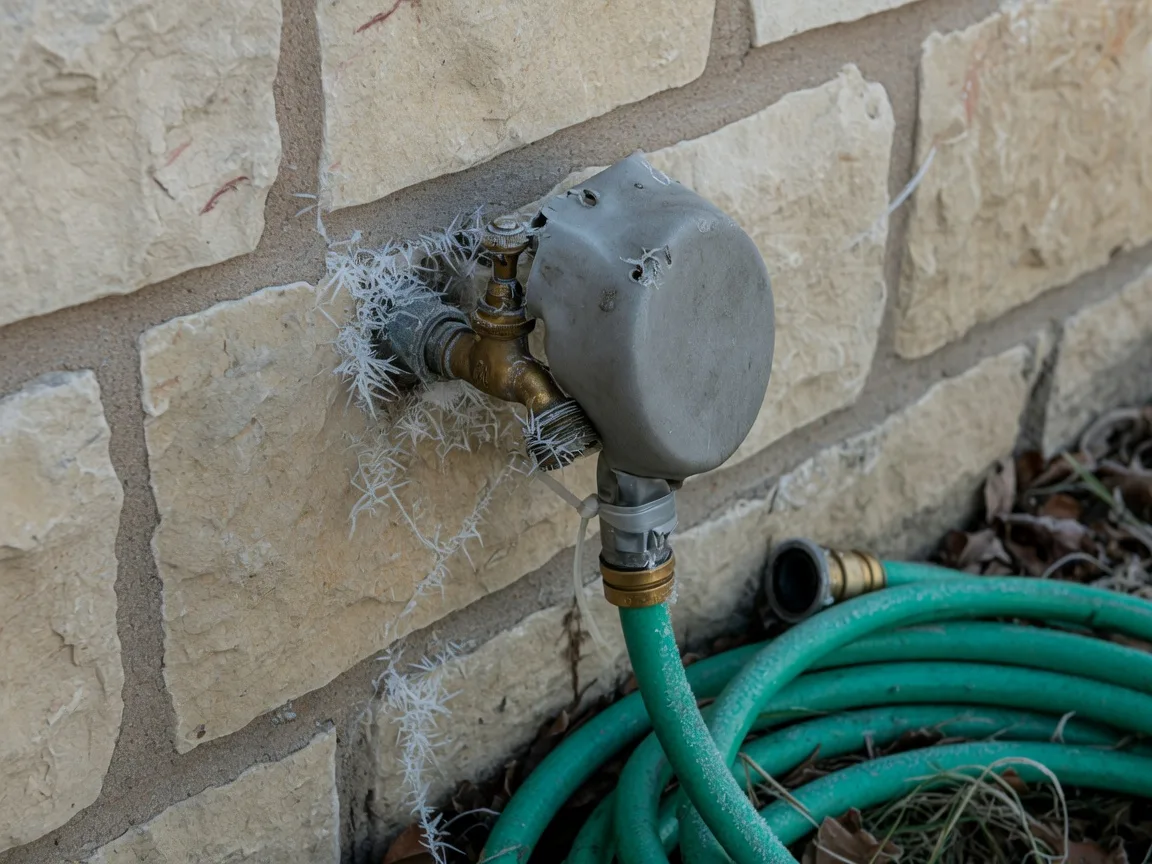 A covered exterior hose faucet on a limestone house wall in frost, with a disconnected garden hose coiled below