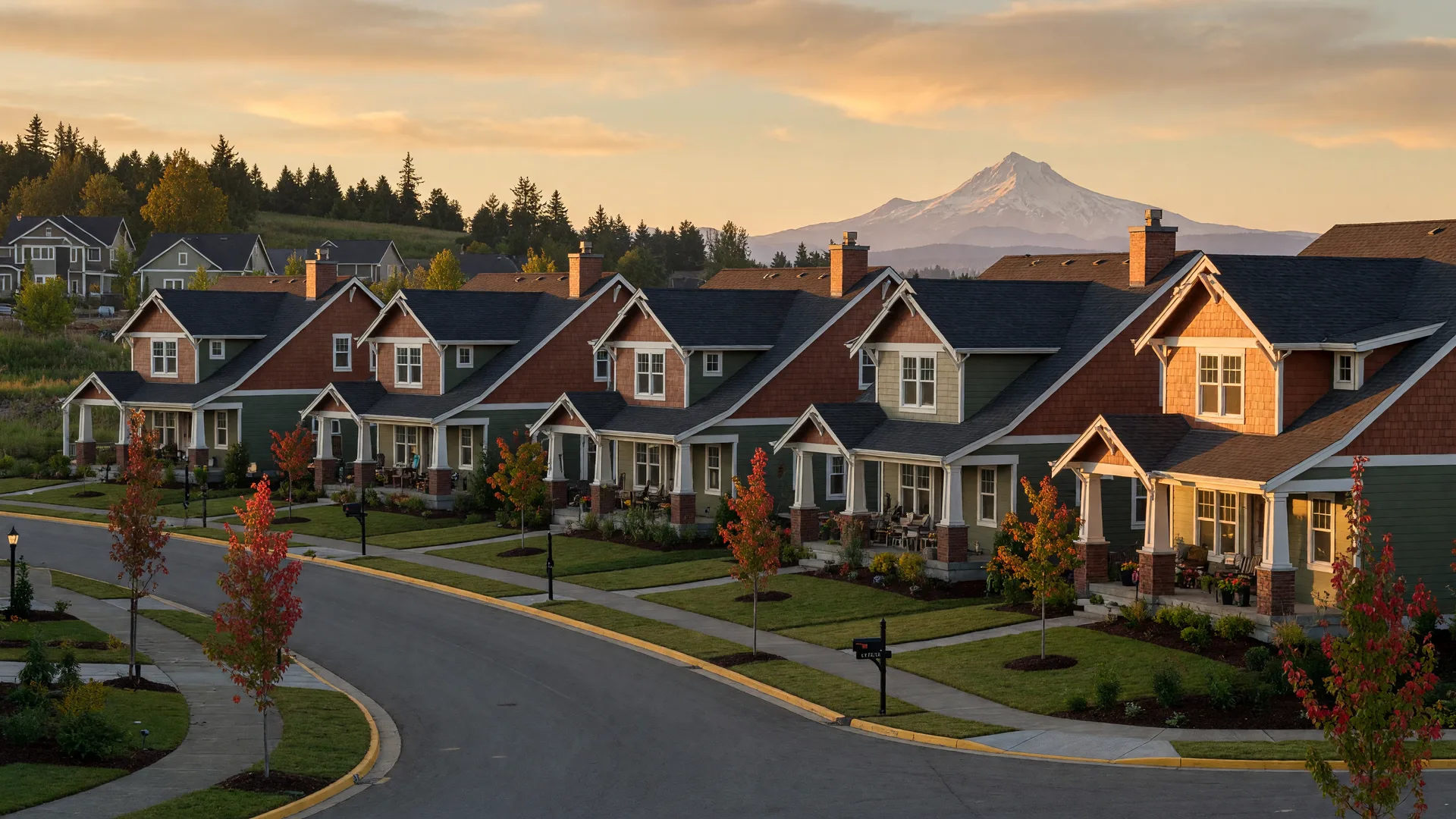 Row of brand-new craftsman homes on a curving street in a Pacific Northwest hillside subdivision at golden hour, with young maples turning autumn colors